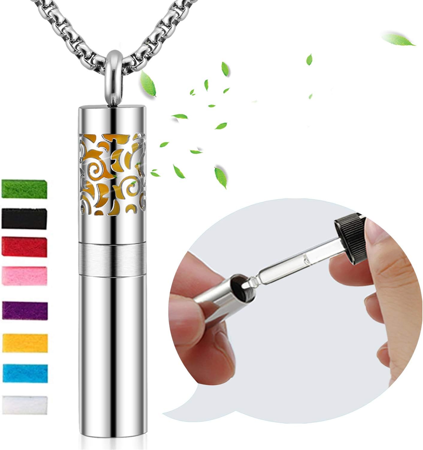 SAM & LORI Aromatherapy Necklace with Diffuser and Container 2-in-1 Stainless Steel Perfume Bottle Essential Oil Locket Pendant Jewelry Gift Set with 8 Colors Felt Pads for Boys Girls, Metal Chain