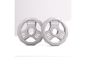 Mikolo Olympic Weights Set 2-Inch Rubber Coated Plates, 12-Sided Non-Roll Weight Plates Grip with 3 Handles for Home Gym, Strength Training, Single, Pair and Sets(5/10/15/25/35/45 LB)