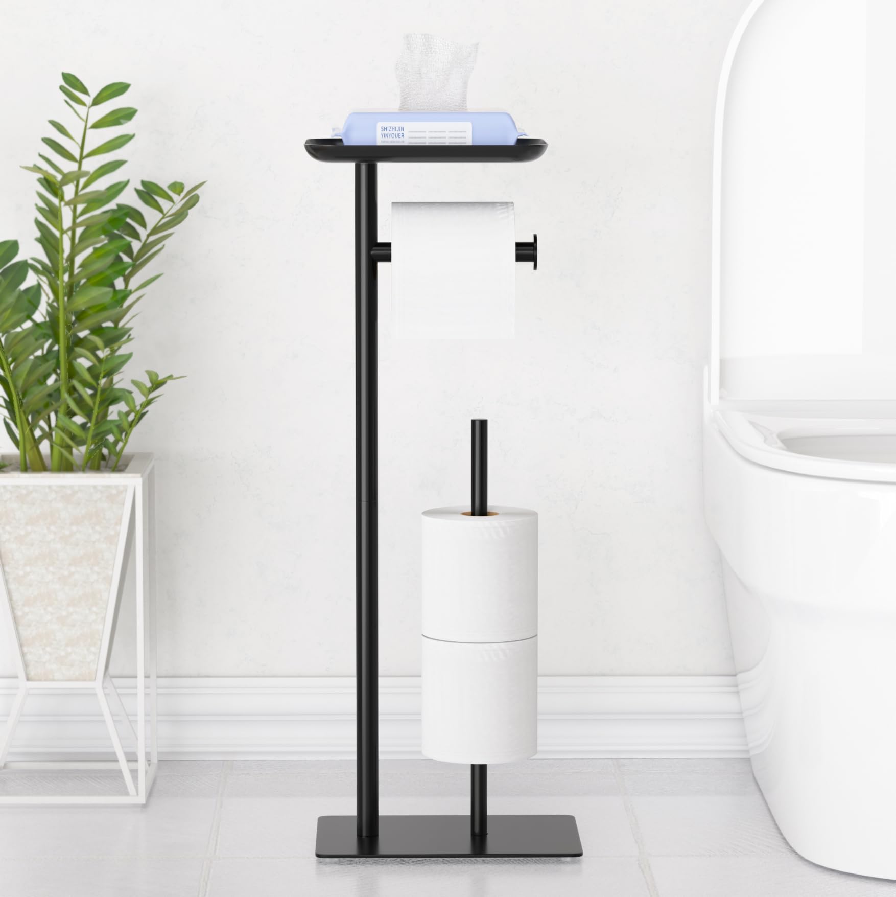 Free-Standing Toilet Roll Holder with Top Shelf, Holds 4 Rolls, Stainless Steel Bathroom Toilet Paper Dispenser