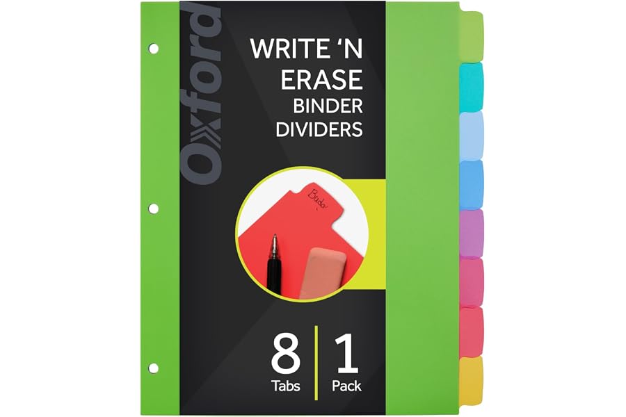 Oxford Plastic Binder Dividers, 8 Write & Erase Tabs, Bright Colors, 8.5x11 | Label tabs in pen or pencil, erase, and relabel