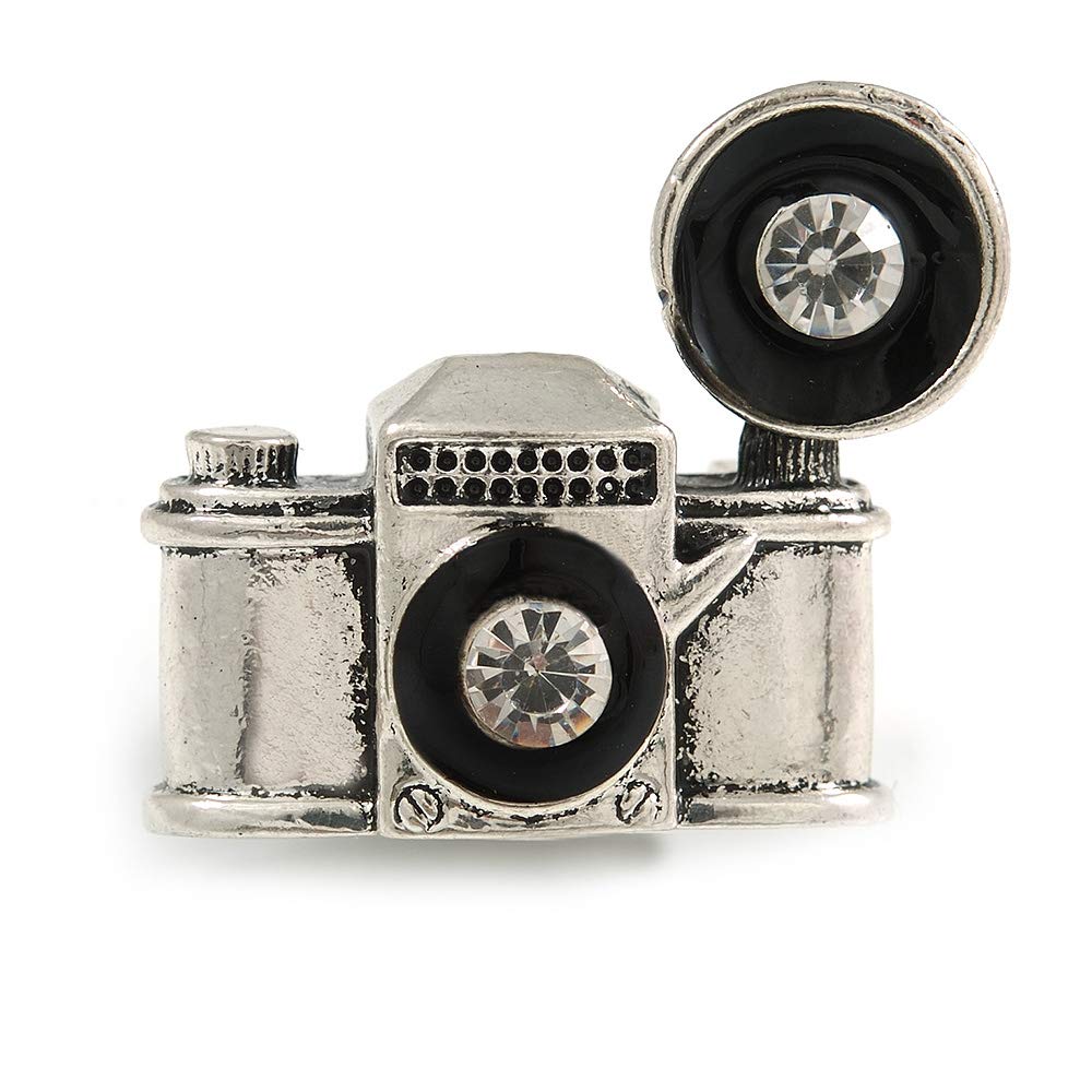 Vintage Inspired Aged Silver Tone Small Camera Brooch - 30mm Across