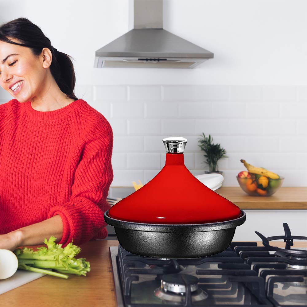Bruntmor Moroccan Tagine, Cast Iron, Red, 3.5-Quart, Round, With Lid