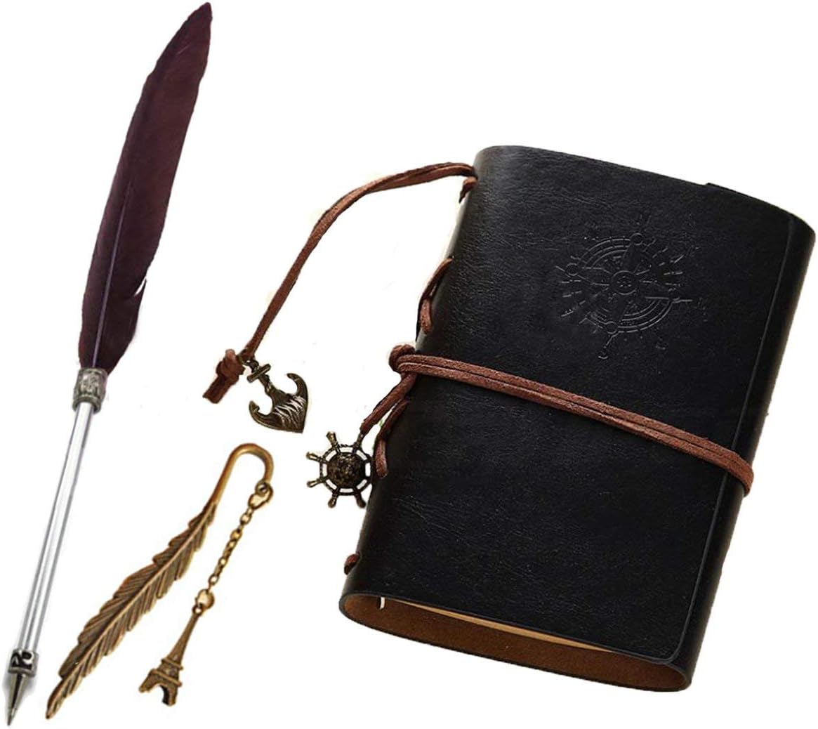 Xemz Refillable PU Leather Journal Notebook with Special Feather Ballpoint Pen and Bookmark