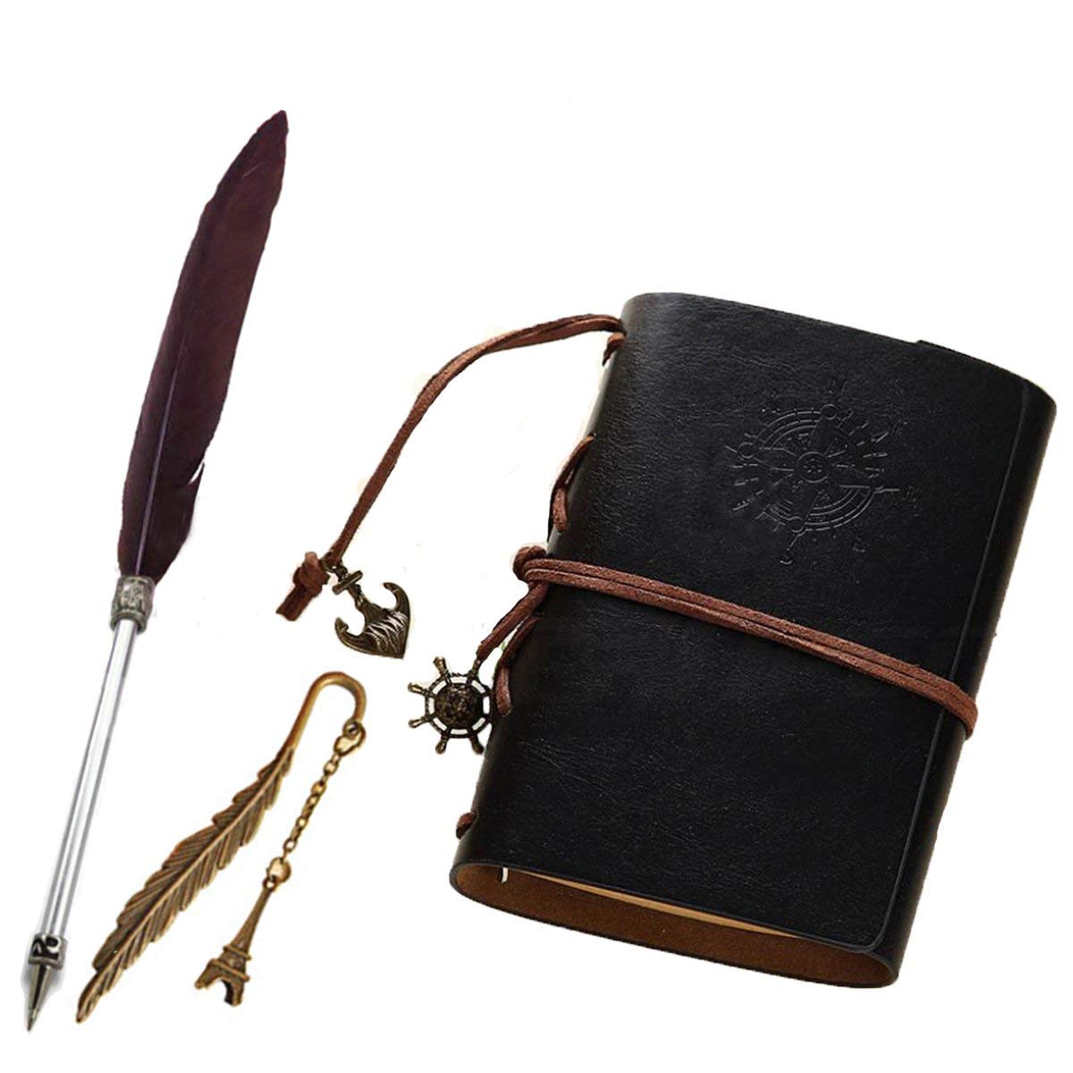 Xemz Refillable PU Leather Journal Notebook with Special Feather Ballpoint Pen and Bookmark, Unlined Paper Travel Diary Jotter, Handmade Leather Notepad, Vintage Art Sketchbook, Punk Cover (black)