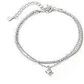 IPEPPY Dainty 925 Sterling Silver Birthstone Layered Bracelets for Women Cubic Zirconia Solitaire Diamond Bracelet Simple Sparkle Twisted Charm Chain Bracelets Jewelry Christmas Gifts for Her