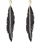NVENF Feather Tassel Dangle Earrings for Women Bohemian Faux Leather Plume Gold-tone Metal Chain Fringe Statement Drop Earrings Vintage Ethnic Style Jewelry
