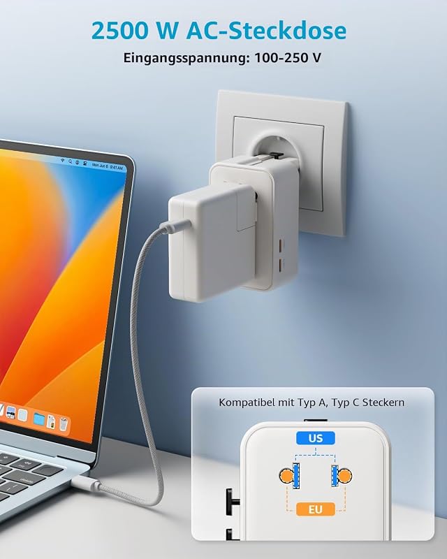“Air” Reiseadapter Weltweit Dünn mit 2 USB-C (PD 25W) ＆ 2 USB-A — Foto 4 von 8