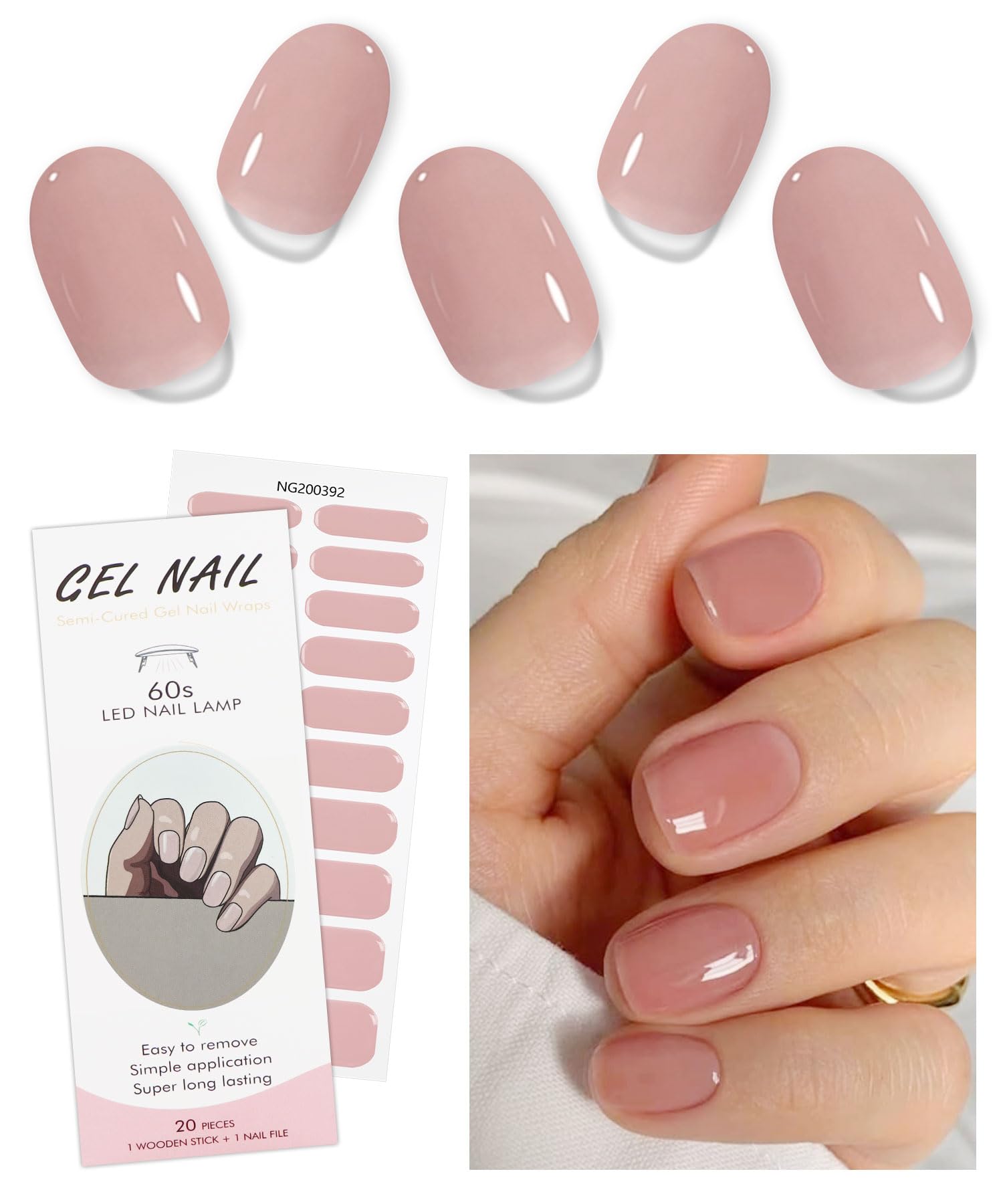 JMEOWIO Semi Cured Gel Nail Strips Solid Cream Pink Gel Nail Stickers Nails Art Design Decoration Accessories