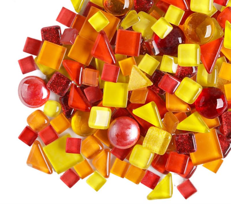 200g Irregular Crystal Mosaic Glass Tiles for Crafts, Mixed Color Small Mosaic Glass Pieces DIY Hobbies Children for Home Decoration (Red Orange and Yellow)