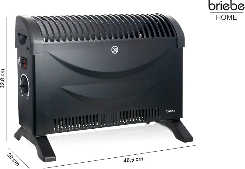 Briebe radiador convector elétrico de ar quente, regulador de temperatura, termostato para baixo consumo, silencioso, portátil, alças de transporte, 3 níveis de potência 750w, 1250w, 2000w (preto) — foto 6 de 6