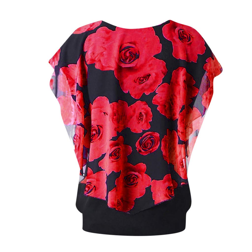Handyulong Womens Shirts Plus Size Casual Short Sleeve Chiffon Round Neck Double Layer Casual Tunic T-Shirts Blouse Tops