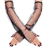 CASDRE Long Wedding Tulle Gloves White Pearl Bridal Arm Sleeves Elbow Length Fingerless Halloween Gloves for Women and Girls