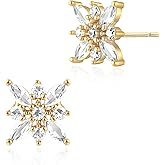 Small Gold Flower Cubic Zirconia Earrings for Women - 14K Gold Plated Birthstone Studs, Hypoallergenic and Trendy with 925 Sterling Silver Post