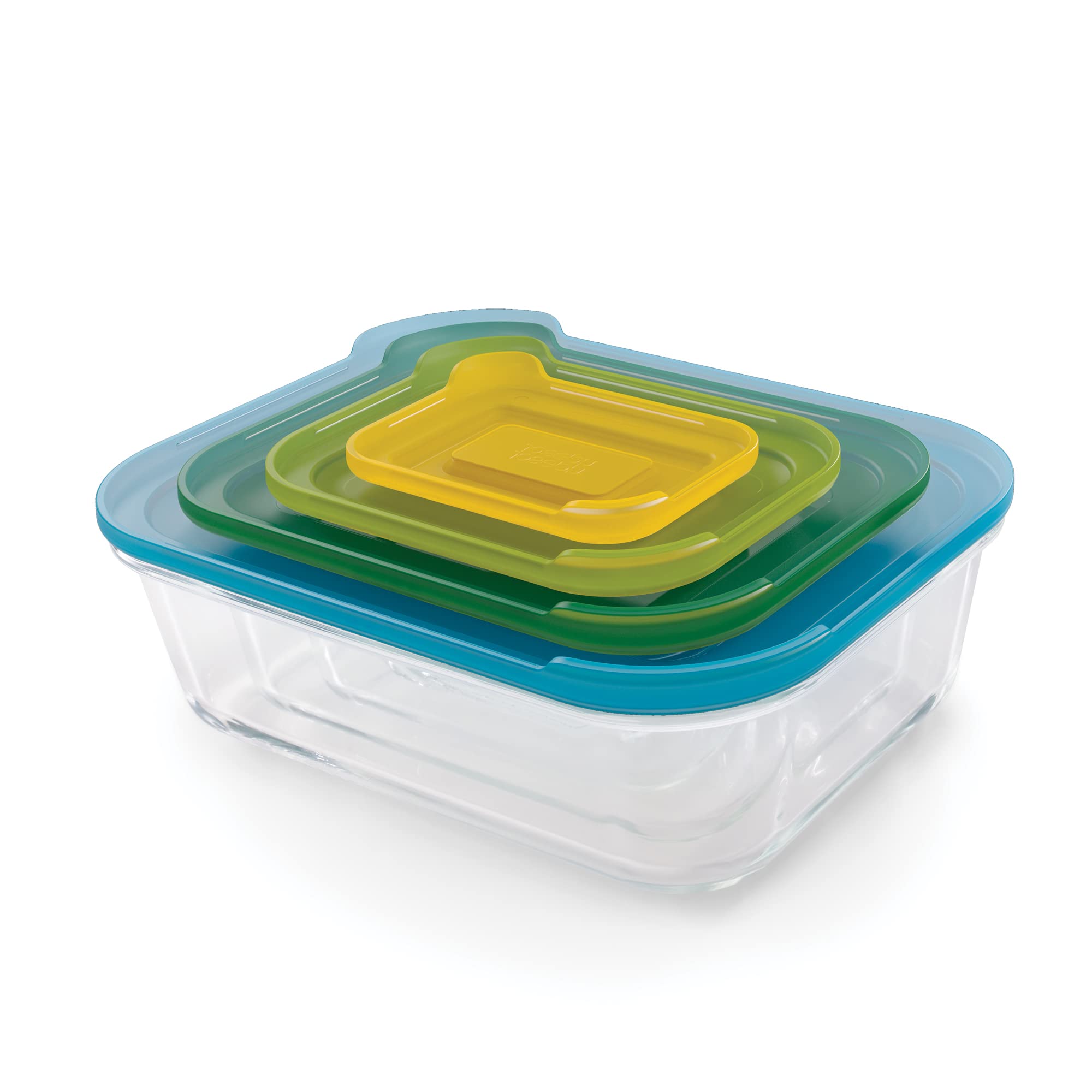 Joseph Joseph Nest Glass Set of 4 Food Storage Containers with lids, Stackable, Space Saving Design, Oven, Freezer, Microwave and Dishwasher safe