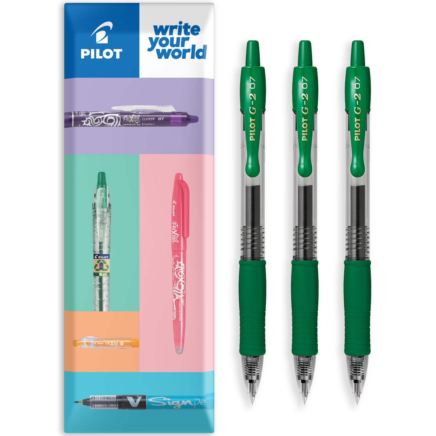 PILOT G-2 Retractable Gel Ink Rollerball Pens - 0.7mm Nib Tip - In Envelope Gift Packaging - Pack Set of 3 - Green Ink