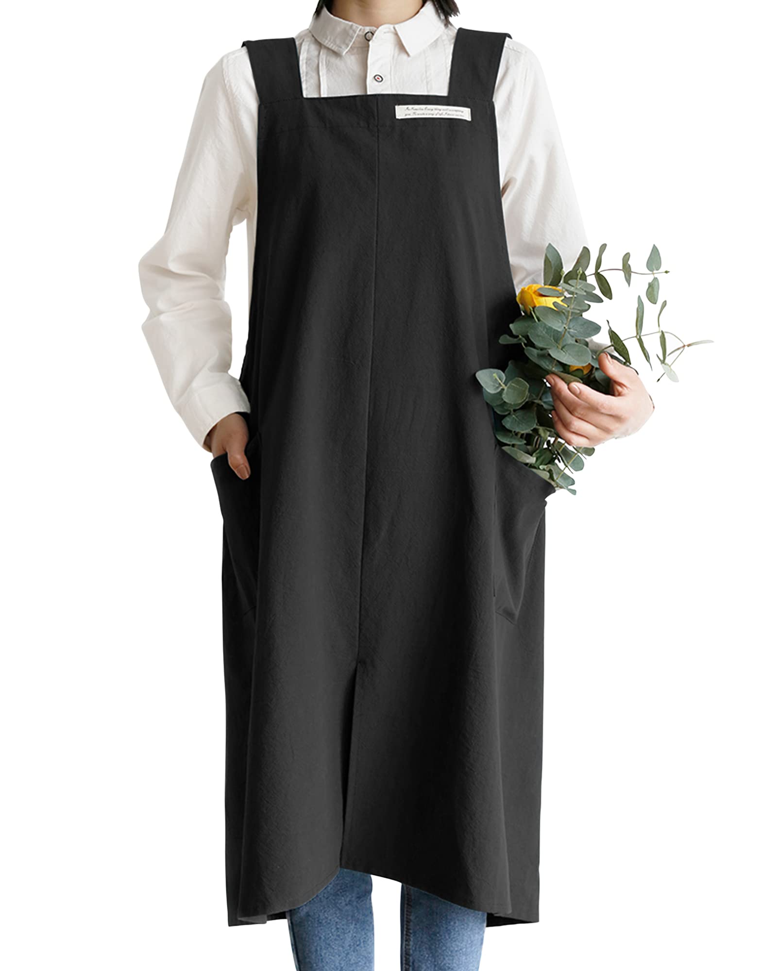 Small snail Apron Cotton Linen Solid Color Japanese Style Cross Bandage Halter Pinafore with Pocket Literature Art Flower Shop Clothing for Women Men Cooking Kitchen Casual Aprons Plus Size Black