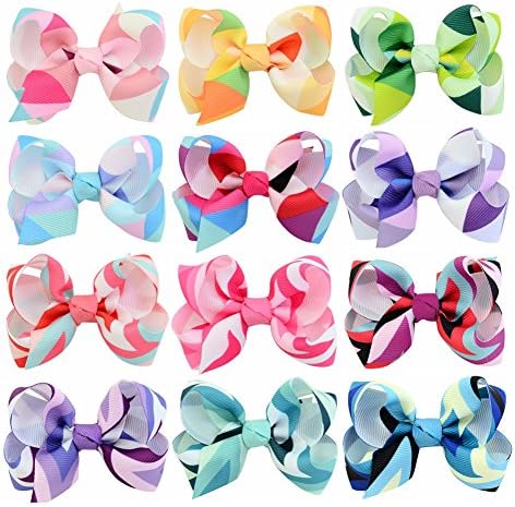 Micosbvx 12 Pcs Baby Girl Hair Bows Clips Grosgrain Ribbon Rainbows Colors Hair Pins Perfect for Kids Toddlers Children Headwear Gifts ( Pack of 12)