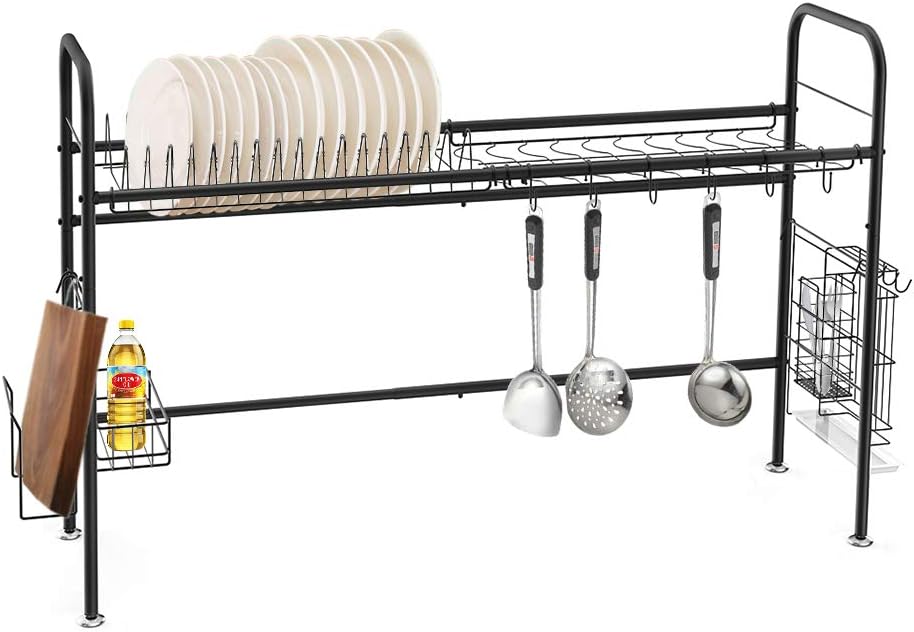 CASAVIDA Dish Drying Rack Over the Sink, Ajustable Kitchen Sink Organizer Stainless Steel Dish Rack with Chopstick Utensils Holder, Black