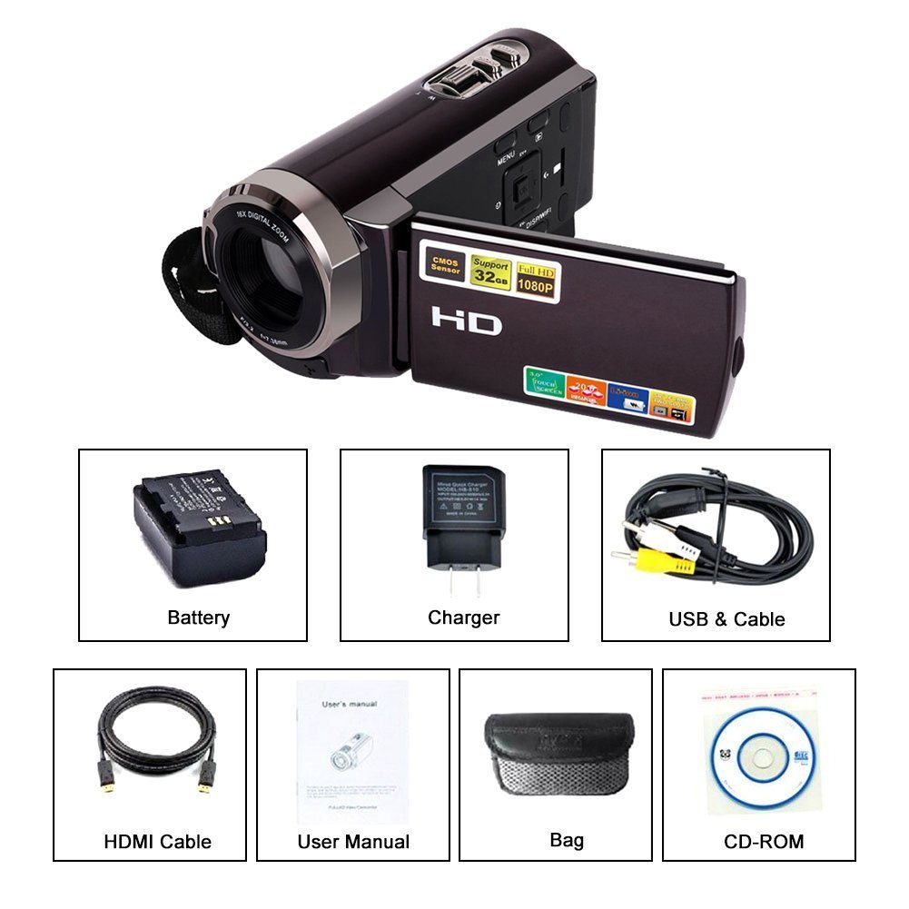 Camorder Video Camera SEREE Full HD 1080p Digital Video Recorder 20MP 16X Zoom 3 Inch Touch Screen Dual Memory Cards