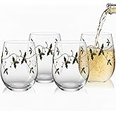 Vesici 4 Pcs Christmas Stemless Wine Glasses 19 oz Winter Leaf and Red Berry Wine Glasses Christmas Drinkware Set Xmas Birthday Gifts for Xmas Festive Party Supply