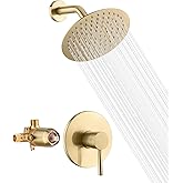 sumerain Shower Faucet Set Brushed Gold, Anti-scald Pressure Balance Valve, 8 Inches Extra-thin Rain Shower Head, with Non-re