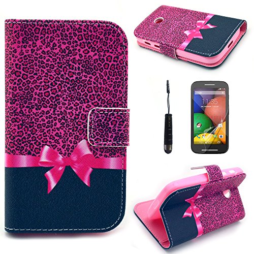 Moto E Case(1st Gen Only),Moto E Phone Case,Moto E Leather Case,Moto E Wallet Case,Moto E Flip Case,HKW Sexy Leopard Bowtie Pattern Premium PU Leather Stand Wallet Type Magnet Design Flip Case Cover for Motorola Moto E (XT1021 / XT1022 / XT1025) Phone Cases Cover, with Screen Protectors+Stylus+Cleaning Cloth (MA0778)