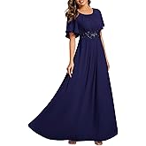 Ever-Pretty Women's Classic Round Neck Pleated Short Sleeves Chiffon Appliques Floor Length A Line Formal Evening Dresses