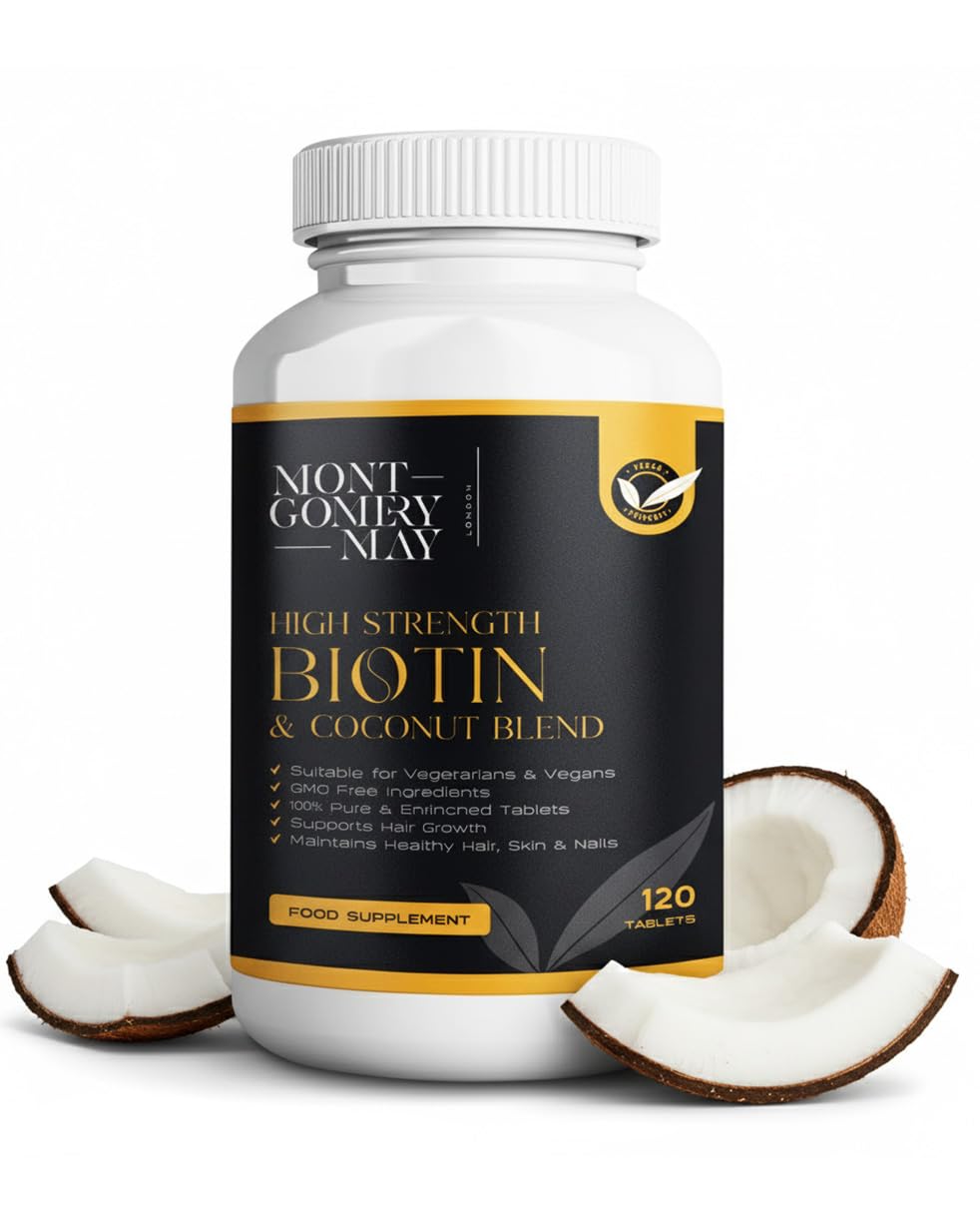Montgomery May Biotin Tablets Supplement - Biotin 10000 mcg to Support Healthier Hair, Stronger Nails & Glowing Skin - High Strength Blend with Coconut Extract - 120 Vegan Tablets