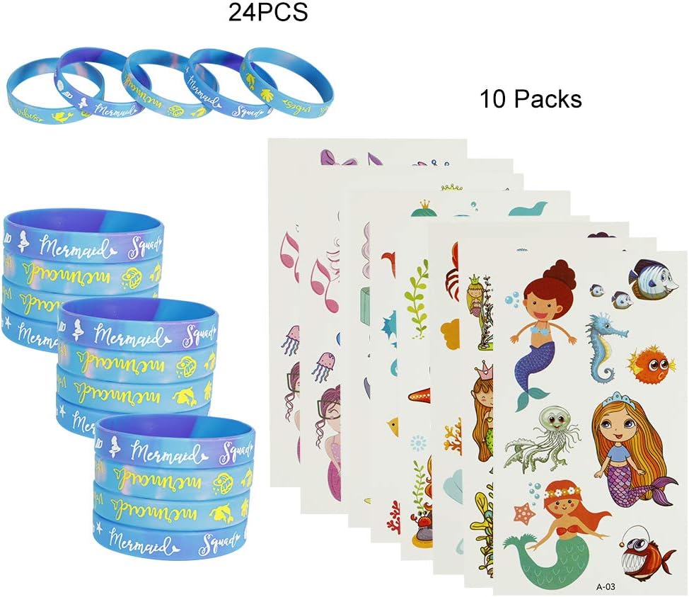 miuse 24Pcs Mermaid Party Favors Rubber Bracelets, Birthday Party Supplies Silicone Wristbands Ideal for Baby Shower Kids Mermaid Themed Birthday Decoration with 10pcs Tattoos