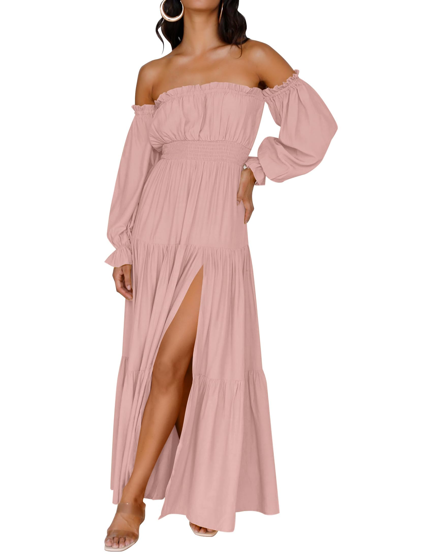 Photo 1 of ZESICA Women's 2025 Boho Sexy Off Shoulder Long Sleeve Smocked High Waist Side Split Flowy A Line Tiered Long Maxi Dress,Pink,Small