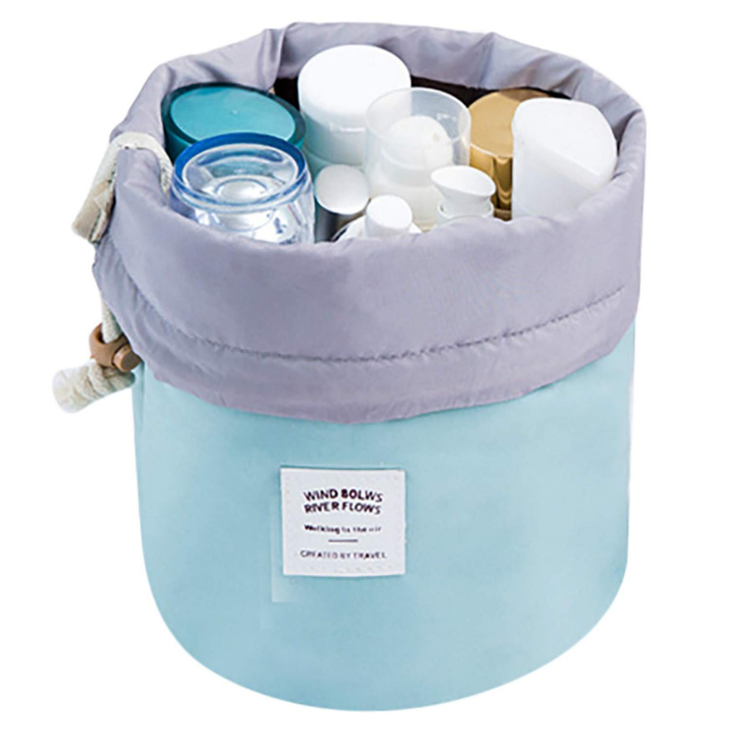 Fan-Ling Lace-up Round Bucket Multi-function Cosmetic Bag,Fashion Portable Hanging Travel Toiletry Bag Storage Bag Case For Women Girl (light blue)