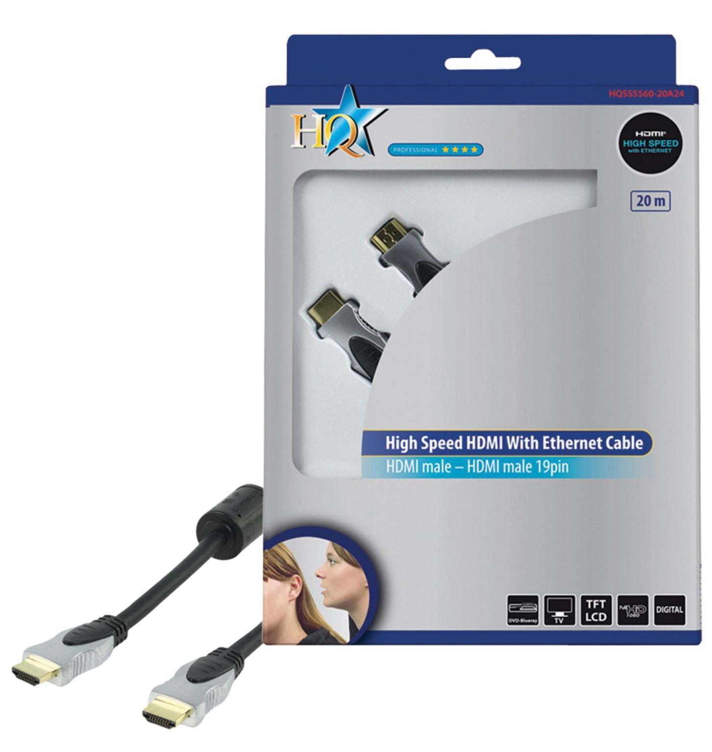HQ 20m High Speed HDMI Cable with Ethernet, Ideal for Connecting PS3, XBox 360, Blu Ray DVD, Sky HD, DVD Recorders, Virgin Media HD, Freesat HD etc.