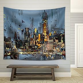 Digital Painting of City at Night with Colorful Lights. - Fabric Wall Tapestry Home Decor - 51x60 inches