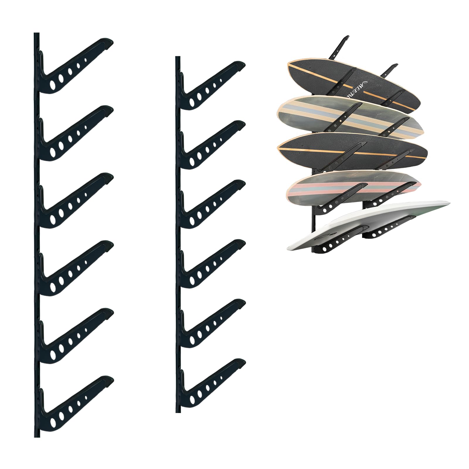 Photo 1 of Snowboard Wall Mount, Adjustable 5/6 Board Surfboard Rack, Surfboard Wall Hangers for Surfboard, Wakeboard, and Snowboard Storage at Home or Garage (Black, 6 Level)