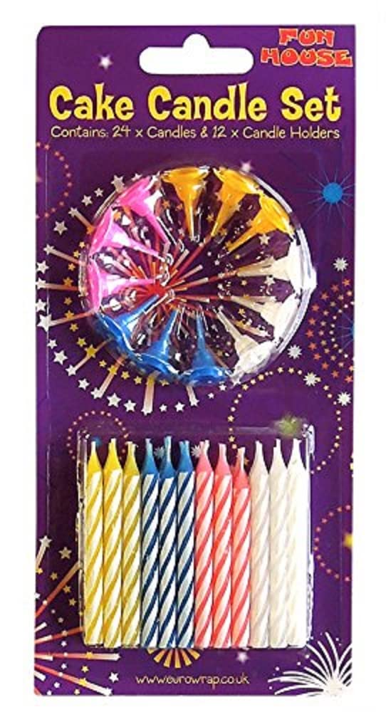 Clairefontaine 6846-CCC - A Set Of 24 Birthday Candles + 12 Candle Holders - Assorted Colours : Blue, Pink, White, Yellow - Birthday Candles, Happy Birthday