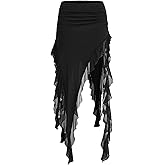 OYOANGLE Women's Ruffle Trim Asymmetrical Low Waisted Long Skirts Summer Party Going Out Skirt