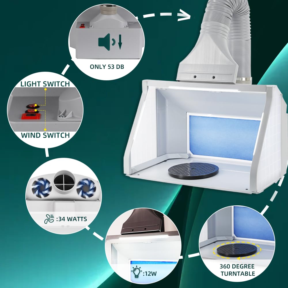 T TOGUSH Professional Airbrush Spray Booth with 3 LED Light Turn Table Large Capacity Portable Paint Spray Booth for Cake Hobby Model Airplane Crafts Painting