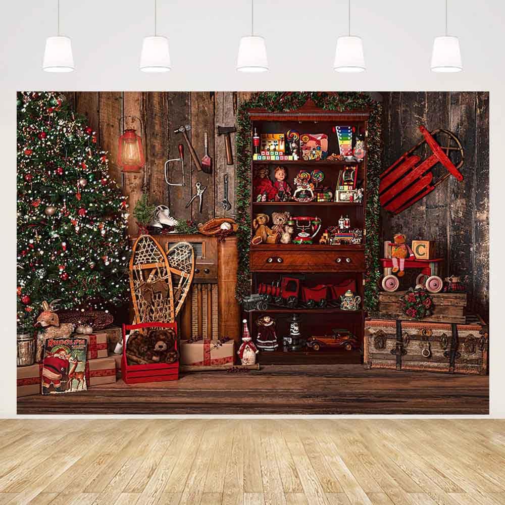 MEHOFOND 7x5ft Winter Christmas Photography Backdrop Santa's Toy Shop Xmas Tree Kid Portrait Background Family Party Table Decor Photo Supplies