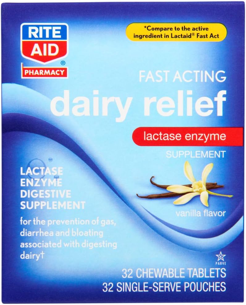 Rite Aid Fast Acting Dairy Relief Chewable Tablets, Vanilla Flavor - 32 Ct. | Lactase Enzyme Supplement | Gas & Bloating Relief | Lactose Intolerance Pills | Dairy Relief Pills | Enzymes for Digestion: Health & Personal Care