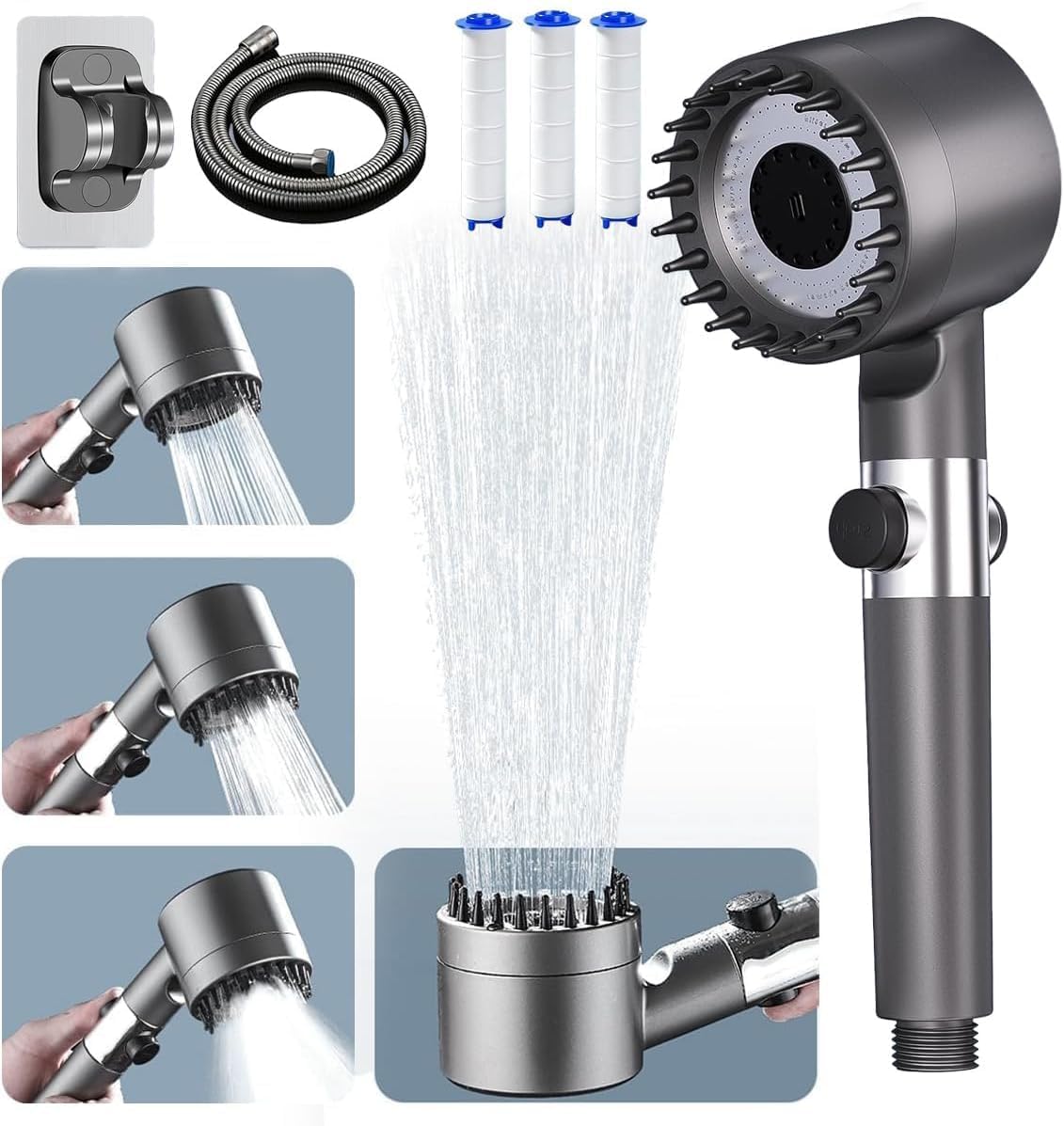 Ion Drops Shower Head, High Pressure Shower Head and Hose Set with 4 Filters, 59‘’ Hose & Bracket, 4 Spray Modes & Pause Switch, Ion Drops Filtered Showerhead with Handheld, Gray