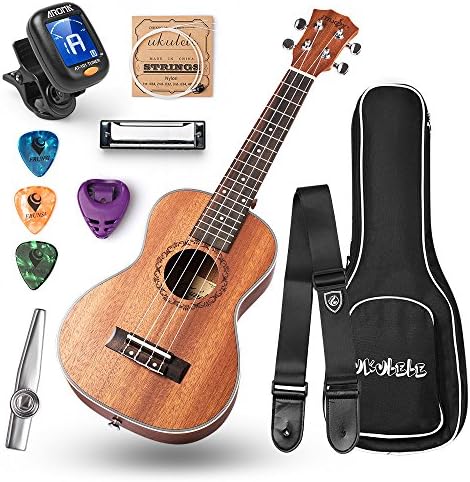 Professional Concert Ukulele, 23 inch Rosewood Ukulele Kit with Strap, Tuner, Strings, Case, Plectrums and Harmonica for Musical Lover and Beginner in All Age