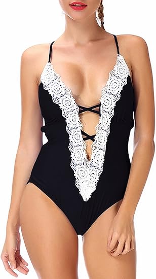 Amazon 人気 レディースワンピース水着ディープvネックビキニモノキニ レース付きスイムウェア ワンピース 通販