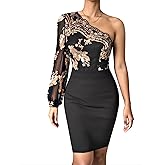 Women Floral Pattern Contrast Sequin Bodycon Mini Dress Sheer Mesh Long Sleeve Cocktail Party Short Dress