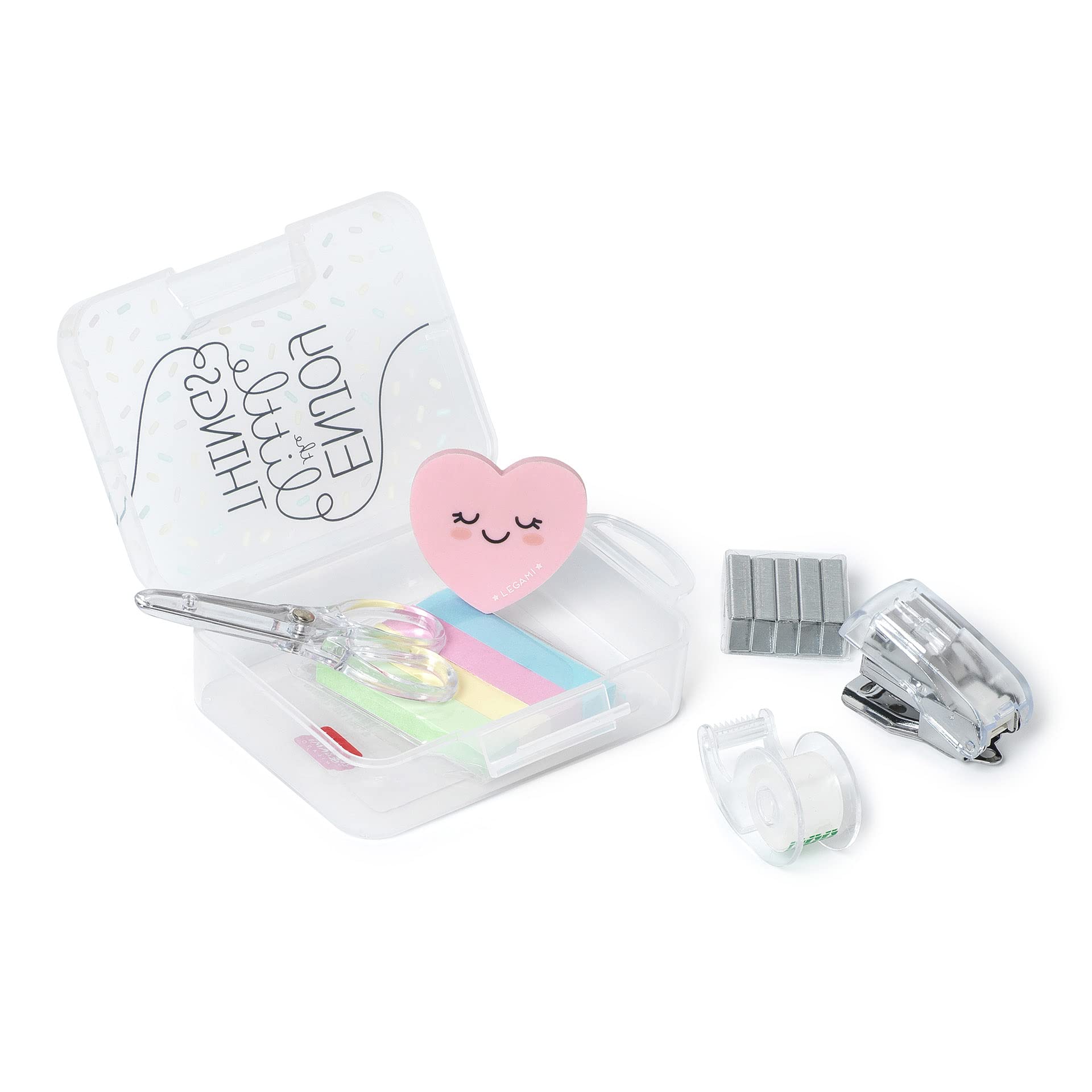 Legami - Mini Stationery Set, 6 Accessories in Mini Format: Scissors, Rubber, Page Marker, Adhesive Tape with Dispenser, Stapler and Metallic Stitches, 7x10.5 cm, Practical box to carry