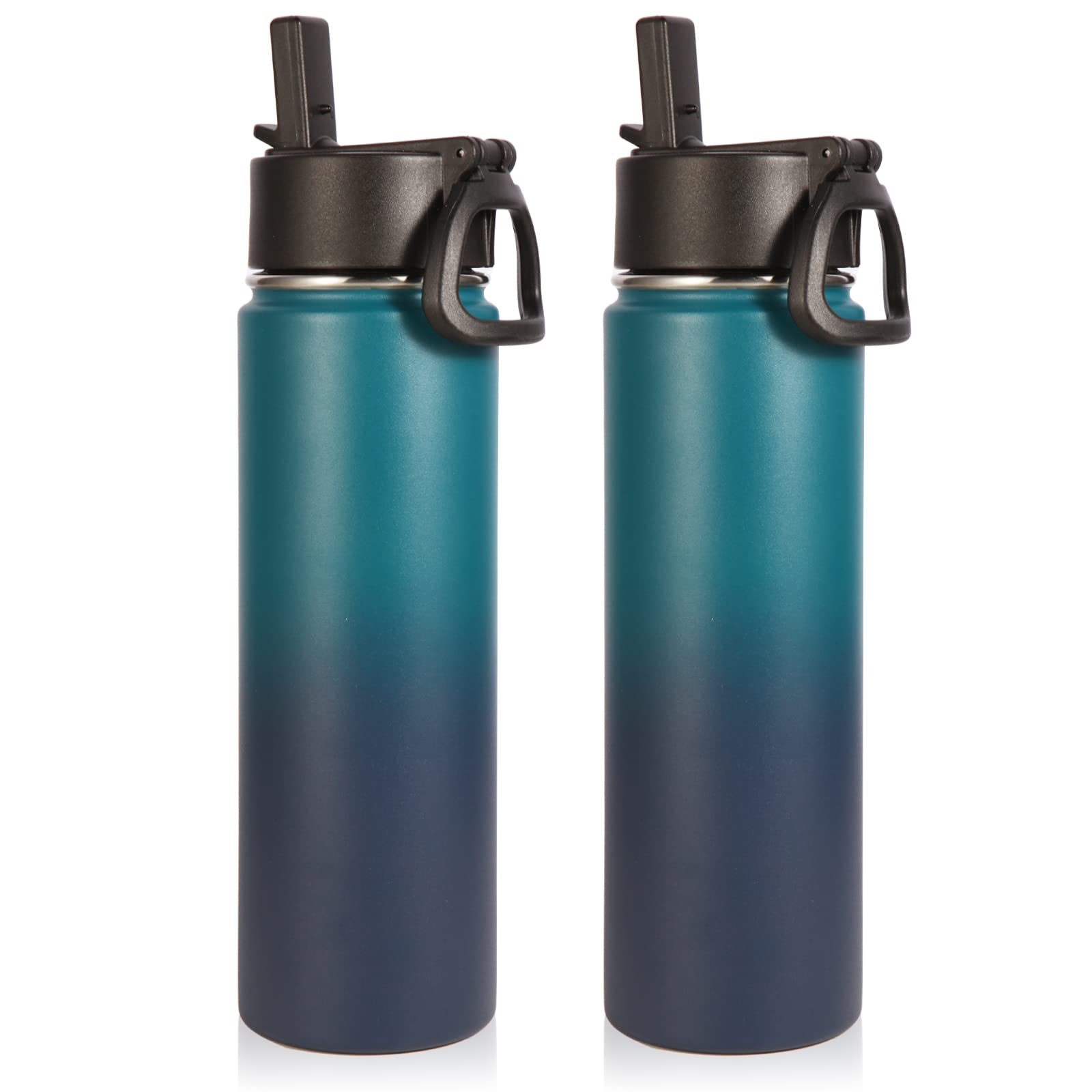 Volhoply Insulated Water Bottles with Straw Bulk 2 Pack, 660ml Stainless Steel Sports Bottle, Double Walled Vacuum Metal Travel Water Tumbler, Reusable Water Flask for School Hiking(Dark Night,2 Set)