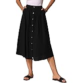 Allegra K Cotton Midi Skirt for Women's Summer Casual Button Decor Elastic Waist A-Line Skirts with Pocket