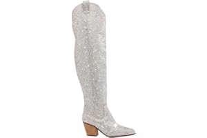 Atuelang Women's Rhinestone Cowboy Boots Sparkly Knee High Boots Fashion Pointed Toe Block Heel Mid Calf Cowgirl Short Ankle Booties