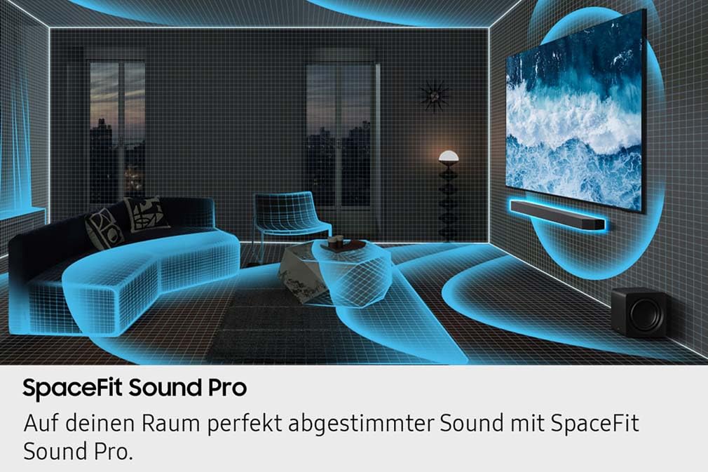 Samsung HW-Q995GF Q-Series 11.1.4-Kanal-Soundbar für Fernseher, Kabelloser 8"-Dual-Subwoofer, 4.0.2-Kanal-Rücklautsprecher, Kabelloses Dolby Atmos und DTS:X, SpaceFit Sound Pro, Q-Symphony 9