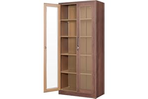 PEUKC Display Cabinet with Glass Doors, 71IN Curio Cabinets with 4 Adjustable Shelves, Locking Glass Cabinet Display Case for Home, Office, Clinic, Pantry (Wood Color)