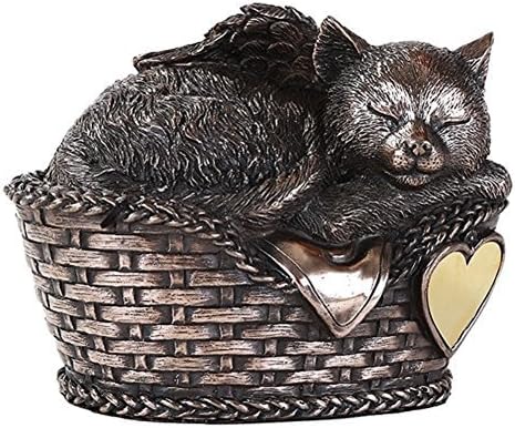 METACYL Windhaven Urns Pet Memorial Angel Cat Sleeping in Basket Cremation Urn Bronze Finish Bottom Load 30 Cubic Inch